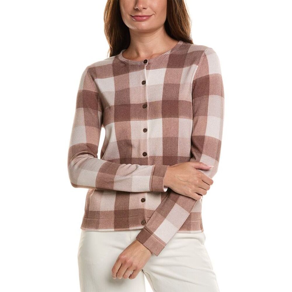 Oscar De La Renta Womens  Printed Plaid Inset Cardigan, Brown